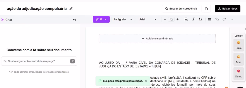 Tela para editar e baixar Ação de Adjudicação Compulsória