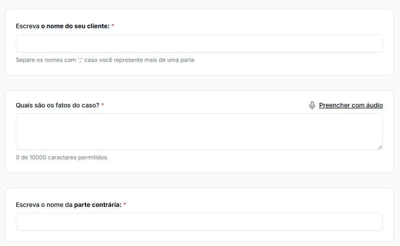 Tela para preencher informações sobre a ação de obrigação de fazer