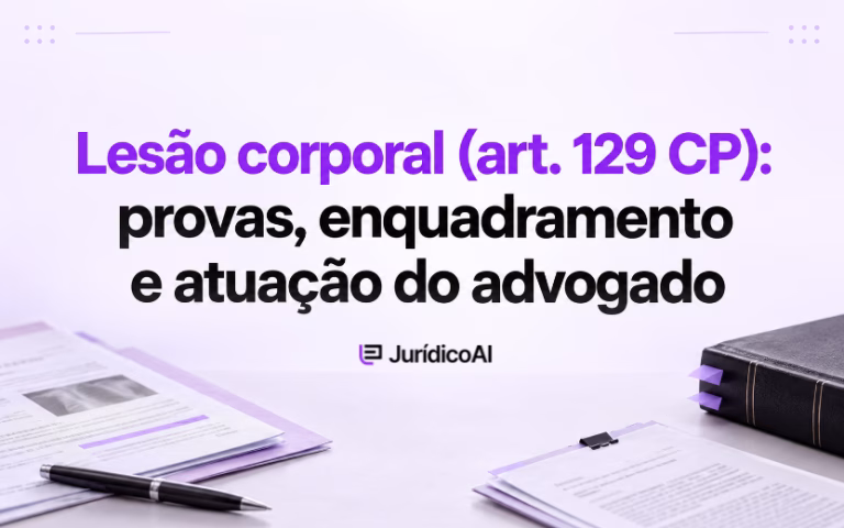 Capa sobre lesão corporal e art. 129 do CP, com laudo pericial, documentos e livro jurídico nas laterais.
