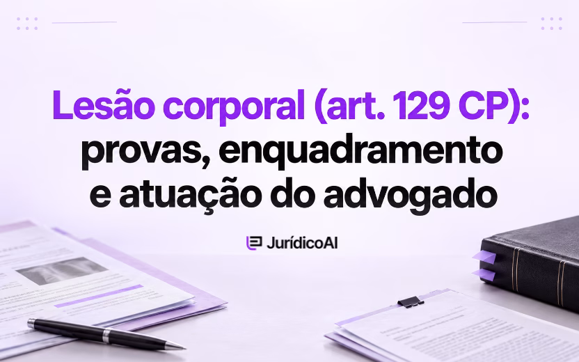 Capa sobre lesão corporal e art. 129 do CP, com laudo pericial, documentos e livro jurídico nas laterais.
