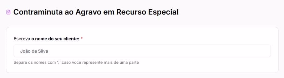 Tela para preencher com nome do cliente na contraminuta ao agravo em recurso especial