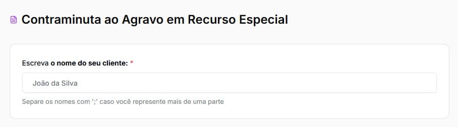 Tela para preencher com nome do cliente na contraminuta ao agravo em recurso especial