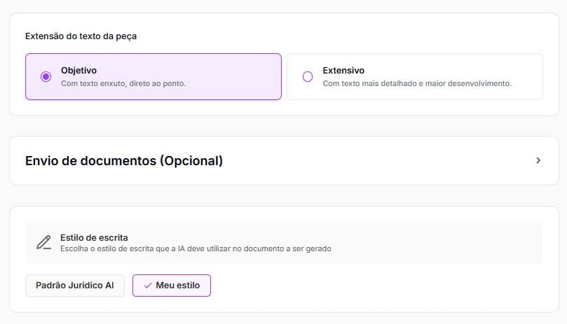 Tela para a personalização da peça de ação de curatela