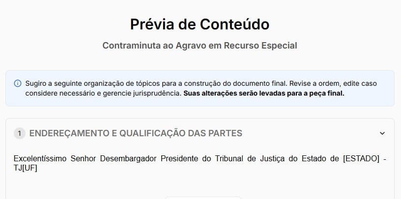 Tela de prévia da contraminuta ao agravo em recurso especial