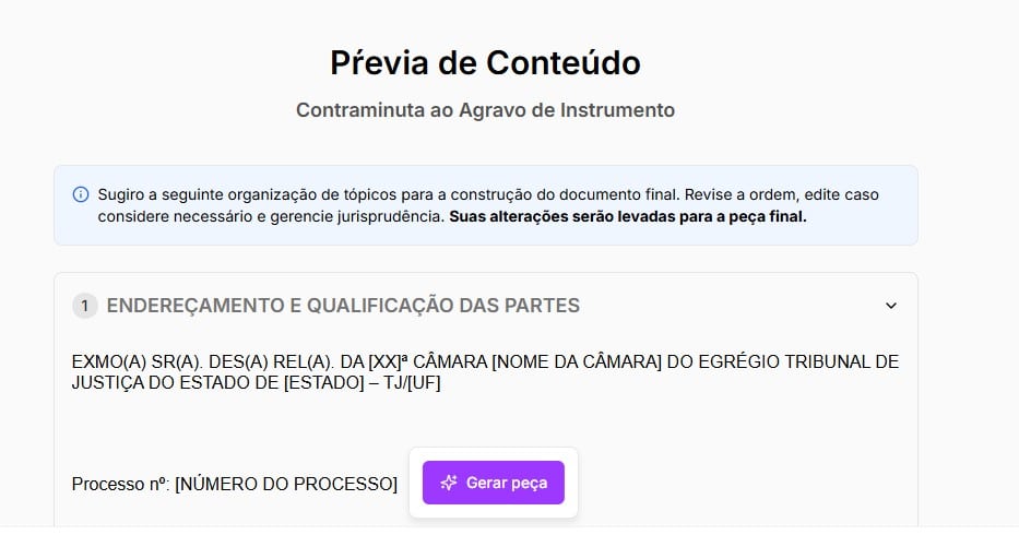 Tela de prévia ca contraminuta ao agravo de instrumento