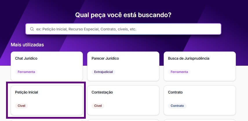 Tela para pesquisa por petição inicial e começar a produzir sua ação de obrigação de fazer