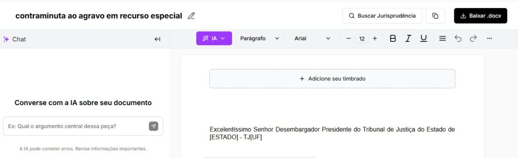Tela para editar e baixar Contraminuta ao agravo em recurso especial
