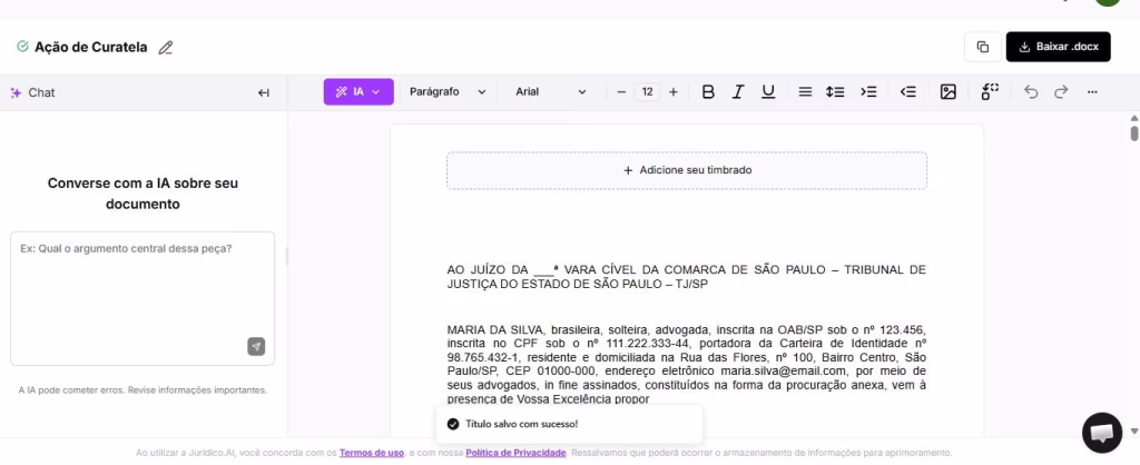 Tela para editar e baixar sua ação de curatela