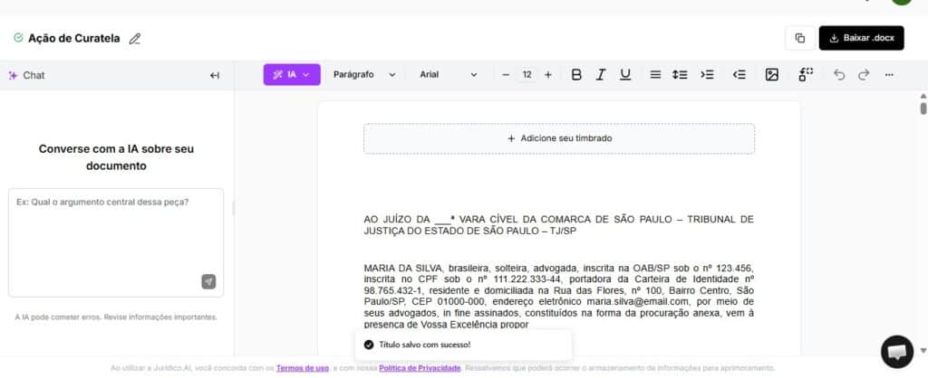 Tela para editar e baixar sua ação de curatela