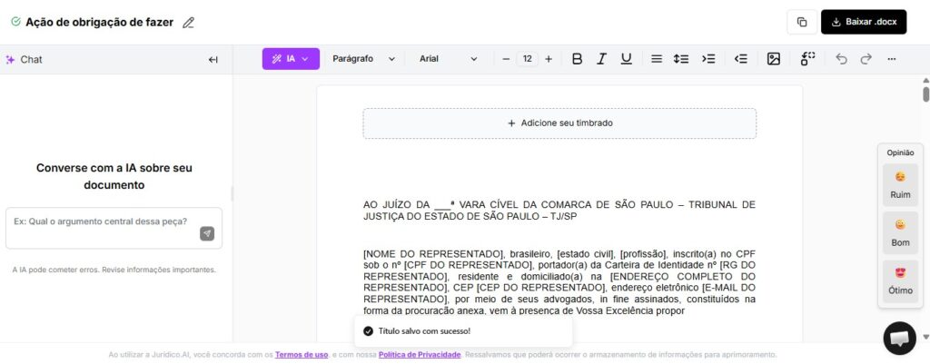 Tela para editar e baixar sua ação de obrigação de fazer