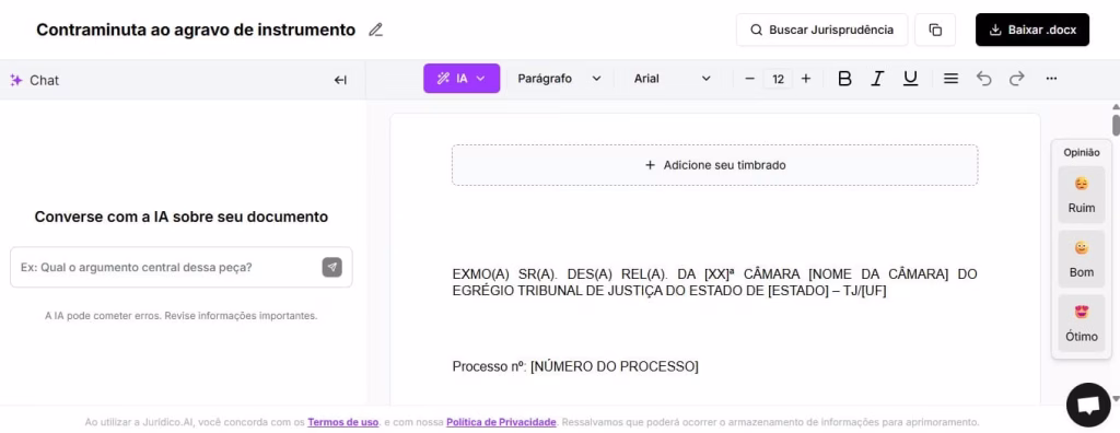 Tela para editar e baixar contraminuta ao agravo de instrumento