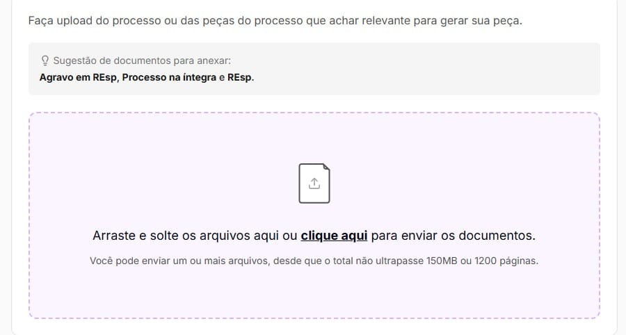 Tela para fazer uploud de documentos para fundamentar melhor o processo