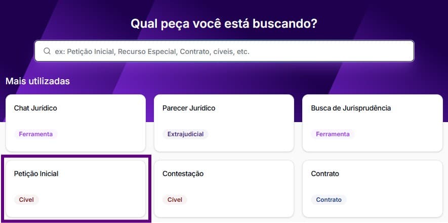 Tela para selecionar petição inicial e começar a gerar a ação de curatela