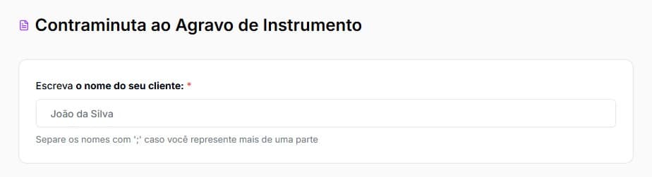 Tela para preencher com nome do seu cliente na contraminuta ao agravo de instrumento