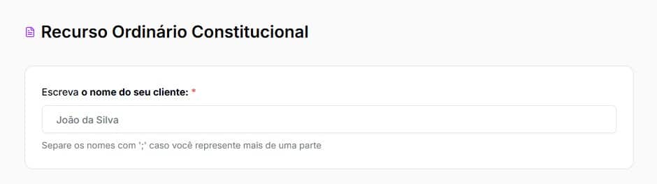 Tela para preencher com nome do cliente para o Recurso Ordinario Constitucional