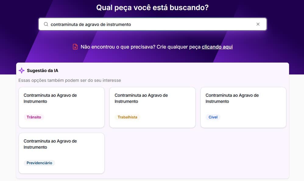 Tela para selecionar contraminuta de agravo de instrumento