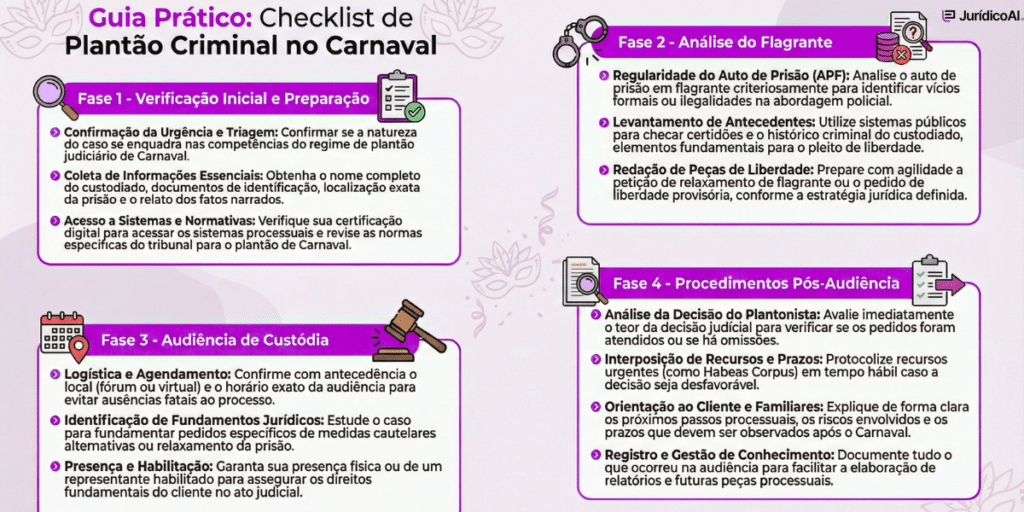 Checklist focado em audiência de custódia durante o plantão judiciário de carnaval. 