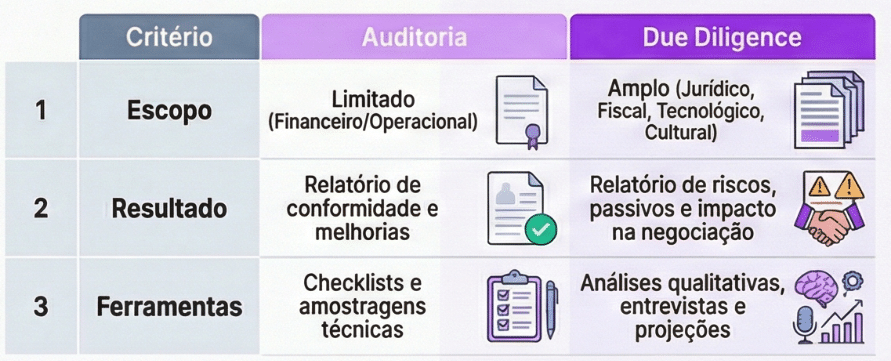 Infográfico sobre diferença entre auditoria e due diligence
