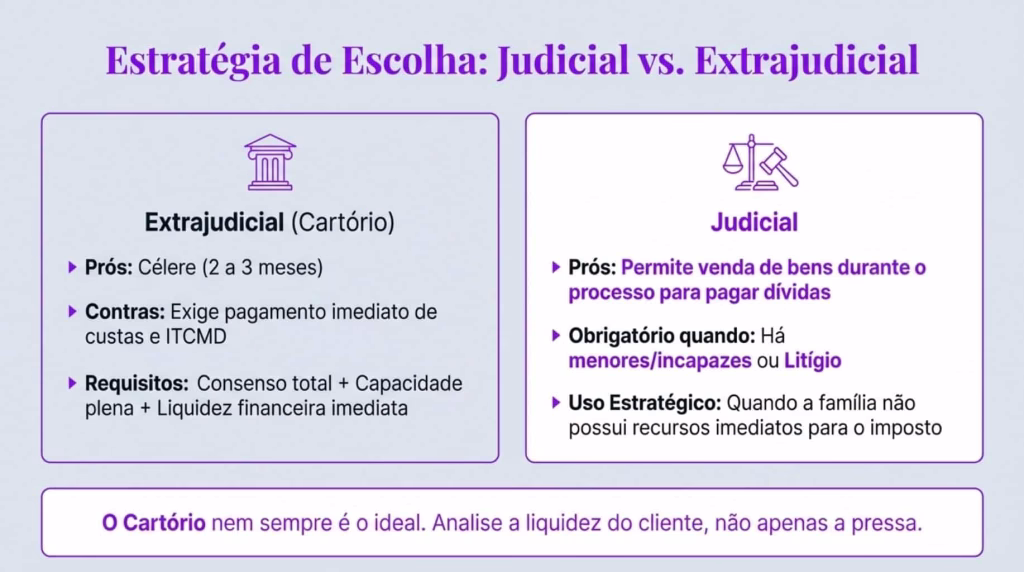 A escolha entre inventário judicial e inventário extrajudicial (em cartório) não deve ser feita apenas com base na rapidez do procedimento. 