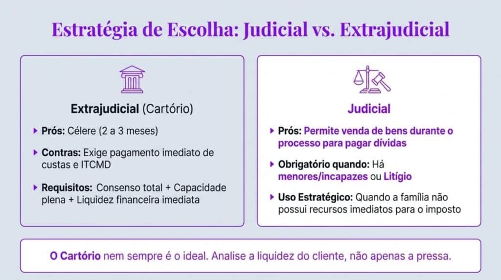 A escolha entre inventário judicial e inventário extrajudicial (em cartório) não deve ser feita apenas com base na rapidez do procedimento.