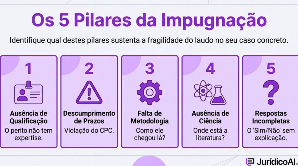 Infográfico com os 5 pilares da impungação ao aludo pericial