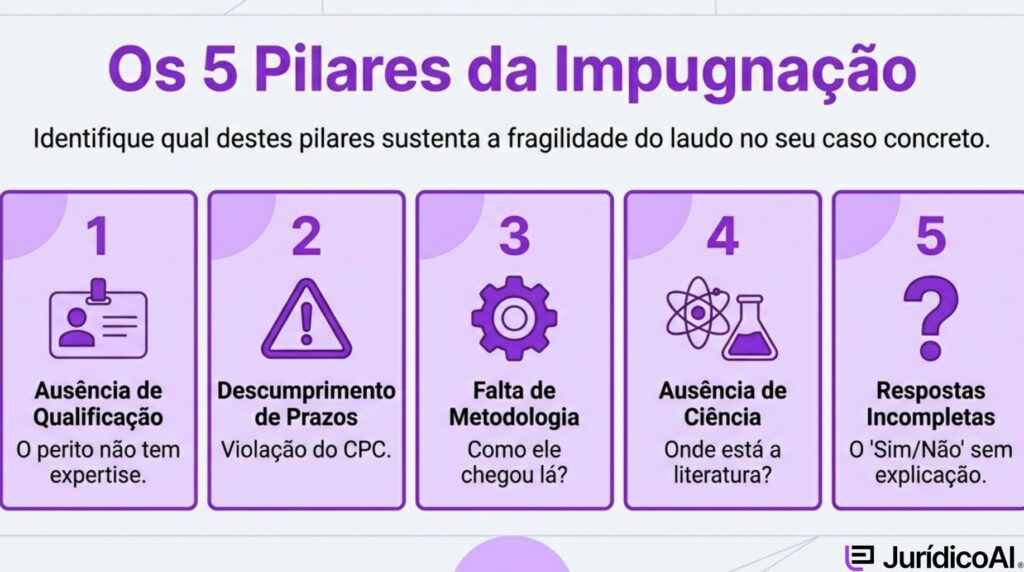 Infográfico com os 5 pilares da impungação ao aludo pericial