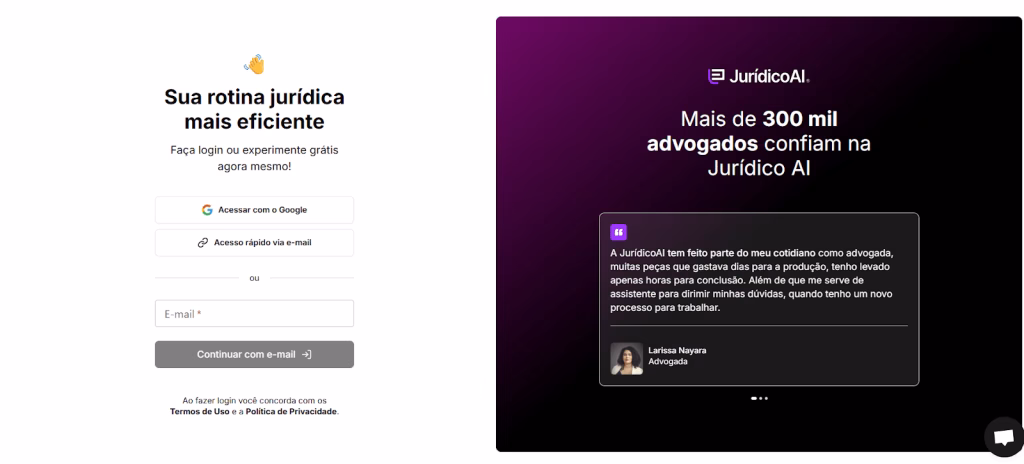 Tela de cadastro da Jurídico AI