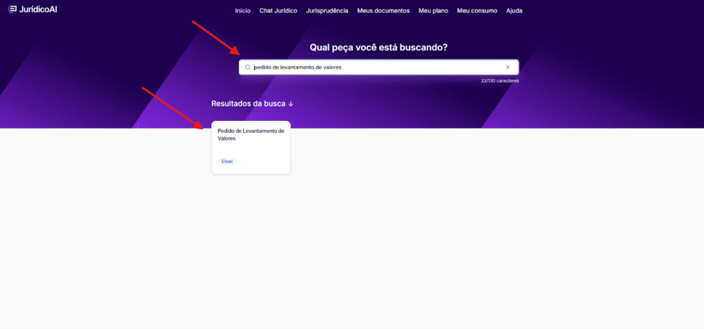 Busca pelo modelo de Pedido de Levantamento de Valores na Jurídico AI