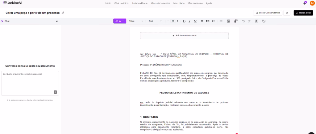 Modelo de Pedido de Levantamento de Valores finalizado. 