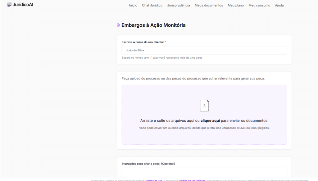 Tela da peça de Embargos Ação à Monitória.