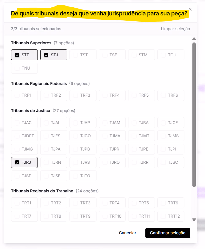 Selecione três tribunais para que a IA da Jurídico AI inclua automaticamente jurisprudência pertinente ao caso do seu cliente.