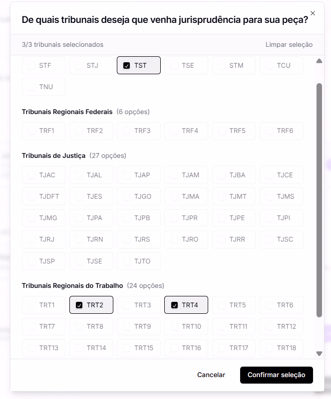 Indique três tribunais para que a IA da Jurídico AI acrescente, de forma automática, jurisprudência alinhada ao caso do seu cliente. 