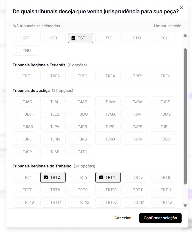 Indique três tribunais para que a IA da Jurídico AI acrescente, de forma automática, jurisprudência alinhada ao caso do seu cliente. 