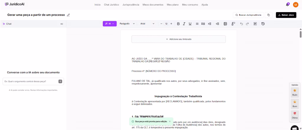Modelo de Impugnação à Contestação Trabalhista finalizado.