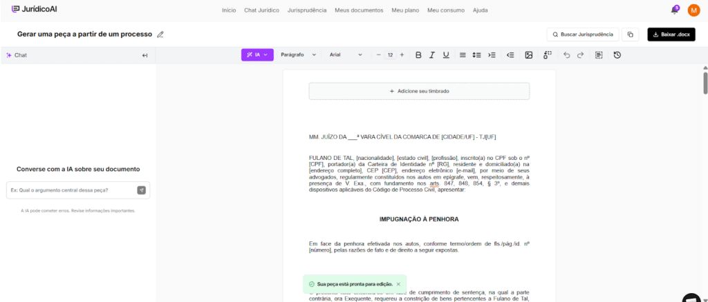 Modelo de Impugnação à Penhora finalizado.