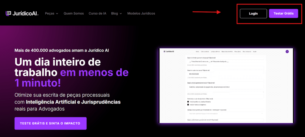 Tela de home da Jurídico AI