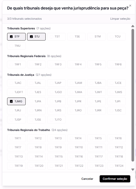 Indique três tribunais para que a IA da Jurídico AI acrescente, de forma automática, jurisprudência alinhada ao caso do seu cliente. 
