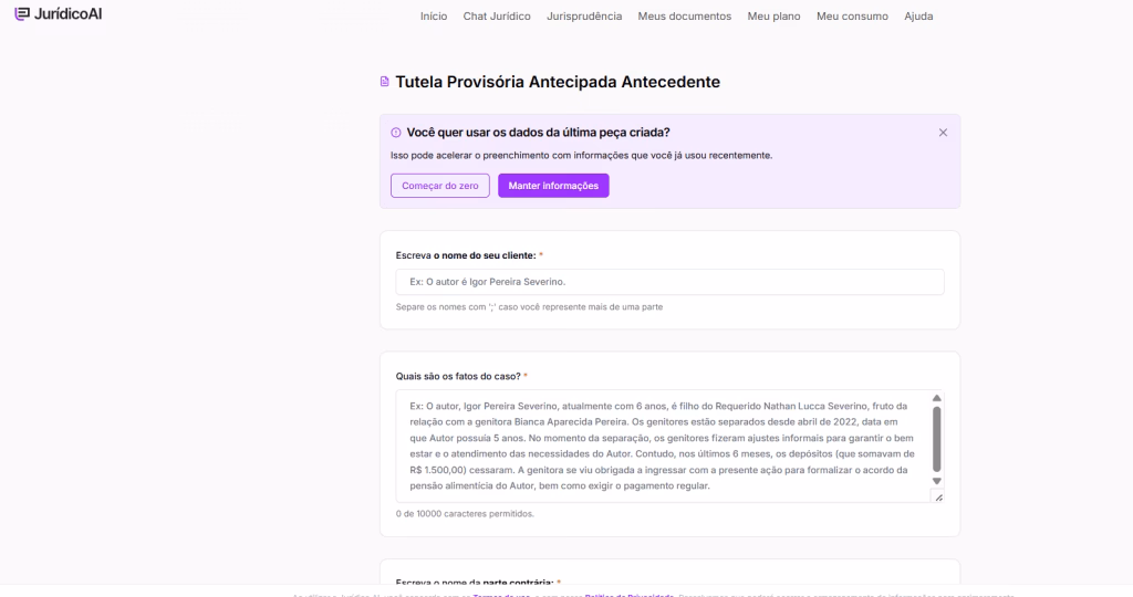 Informações para criar oModelo de Tutela Provisória Antecipada Antecedente