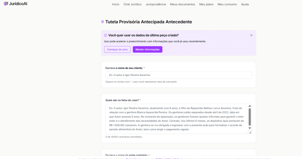 Informações para criar oModelo de Tutela Provisória Antecipada Antecedente