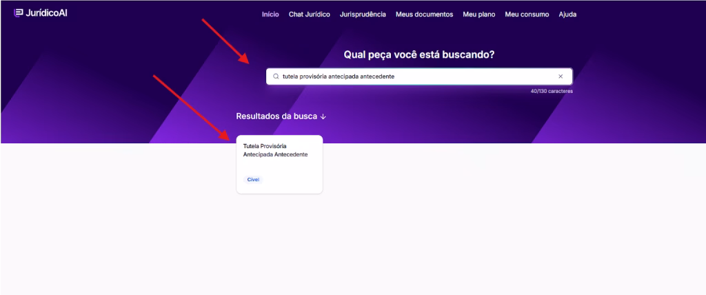 Modelo de Tutela Provisória Antecipada Antecedente na ferramenta da Jurídico AI