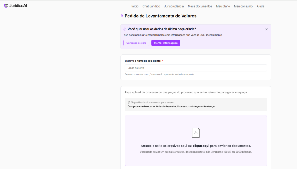 Criando o modelo de Pedido de Levantamento de Valores