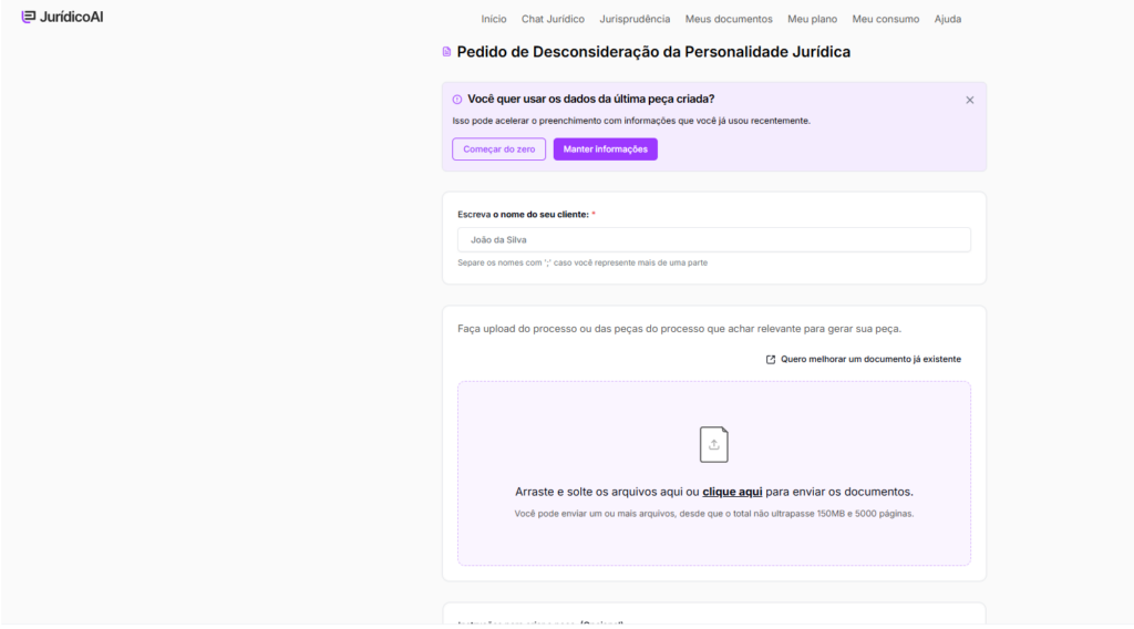 Informações para criar o modelo de Pedido de Desconsideração da Personalidade Jurídica..