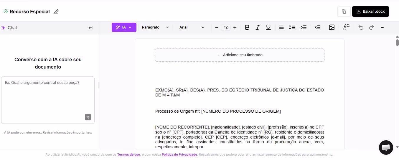 Tela para editar e baixar documento 