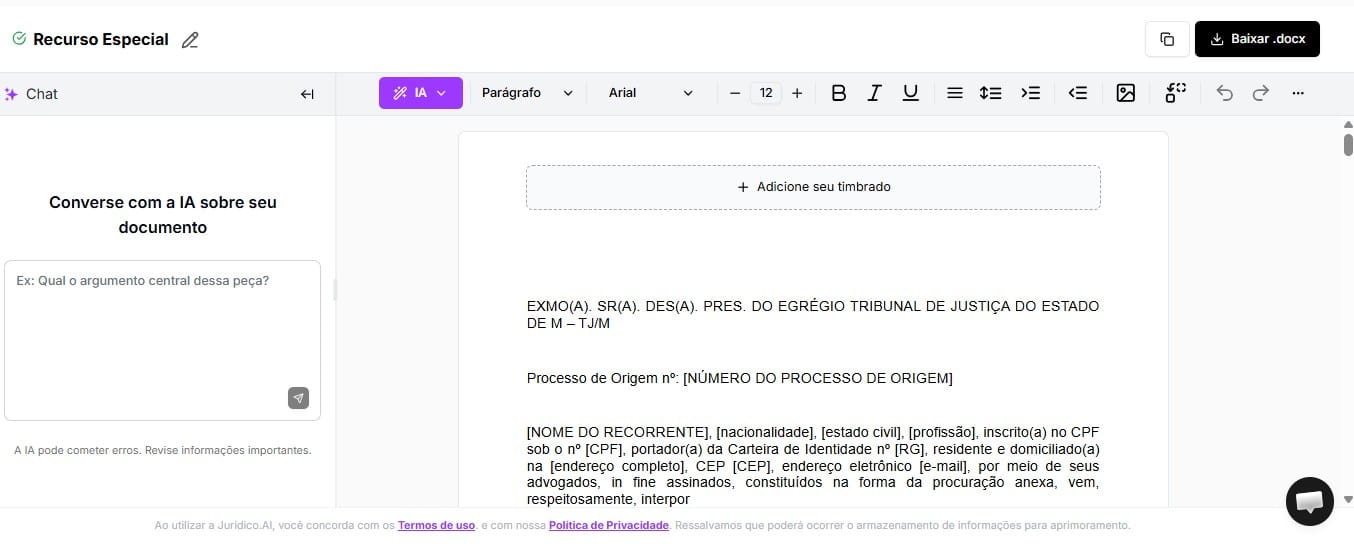 Tela para editar e baixar documento 