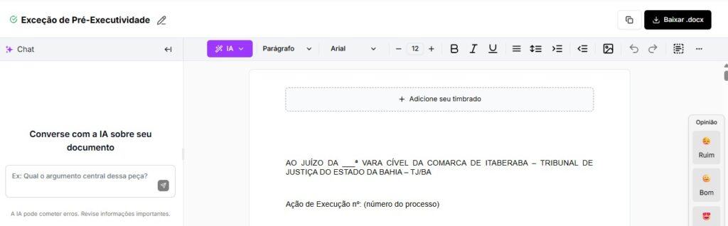 Tela para baixar e editar modelo de Exceção de Pré-Executividade