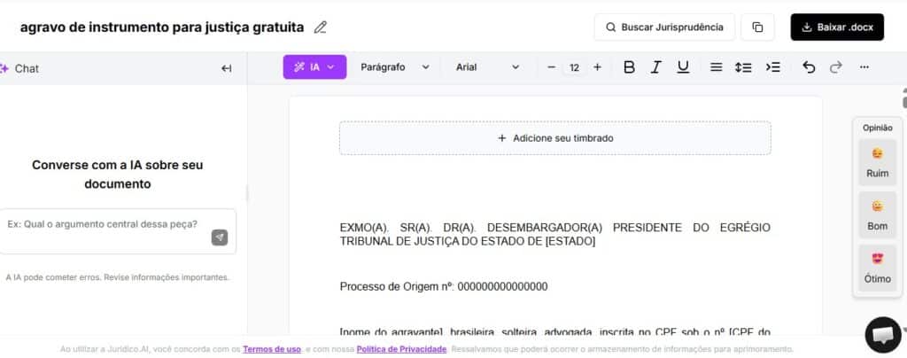agravo de instrumento para justiça gratuita
