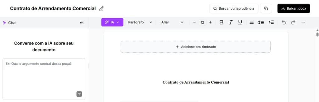Tela para editar e baixar o contrato de arrendamento comercial