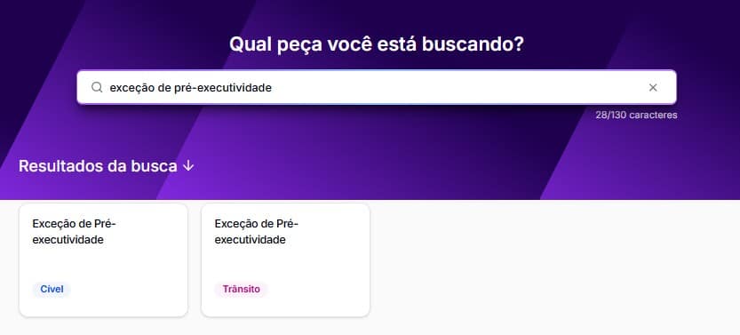 Tela para selecionar exceção de pre executividade