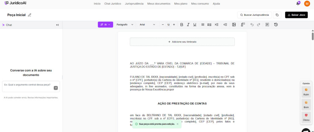 Modelo de Ação de Prestação de Contas finalizado.