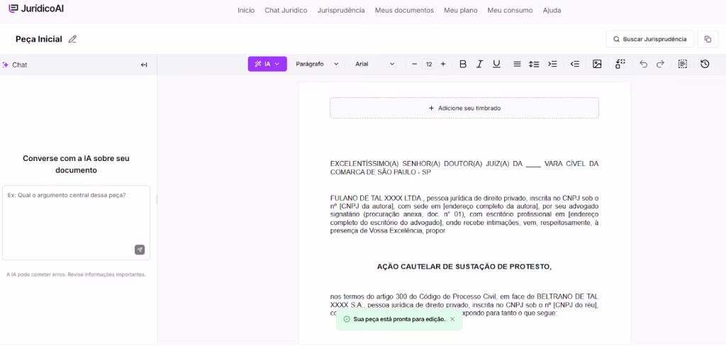 Modelo de Ação Cautelar de Sustação de Protesto finalizada.